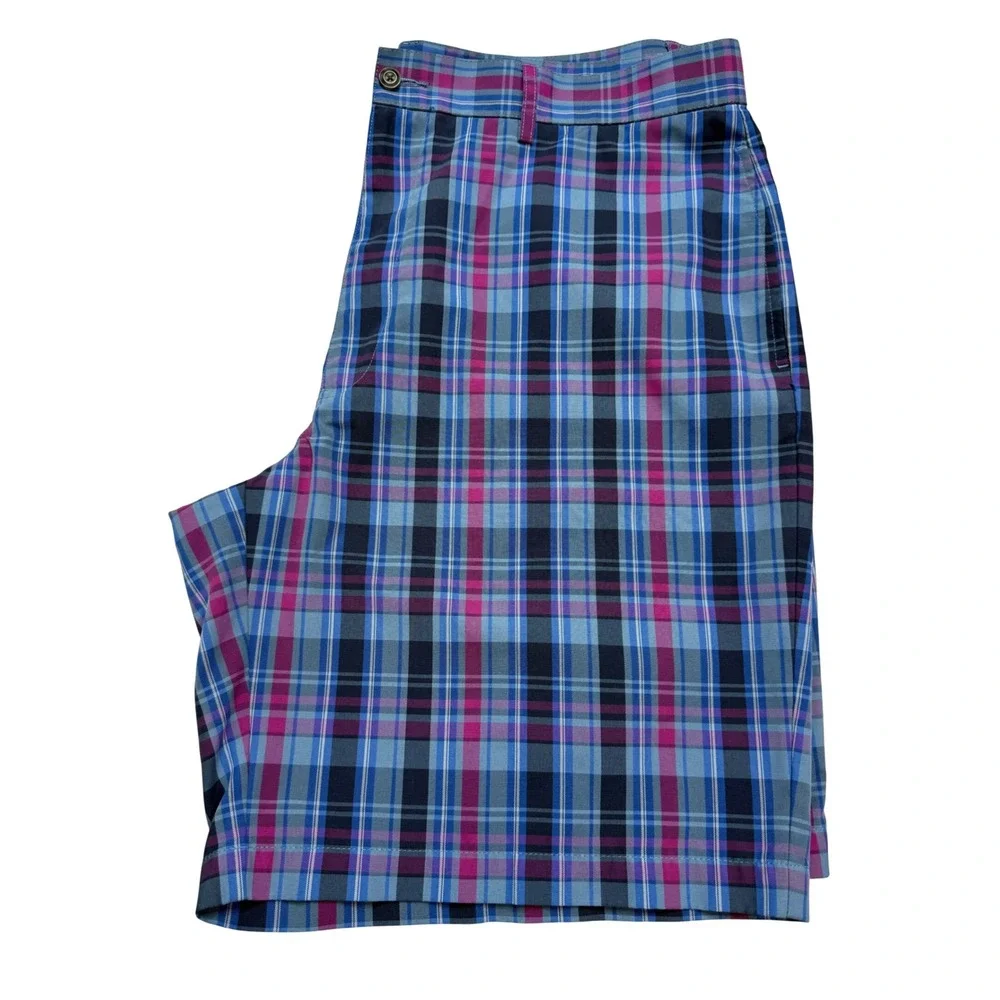 Pro Tour Mens Blue Pink Plaid Golf Shorts Size 38 Flat Front Polyester